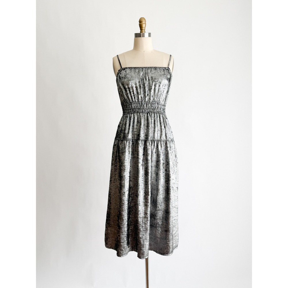 Old Navy Midi Dress Metallic Silver Foil Smocked Tiered Party Medium Silver